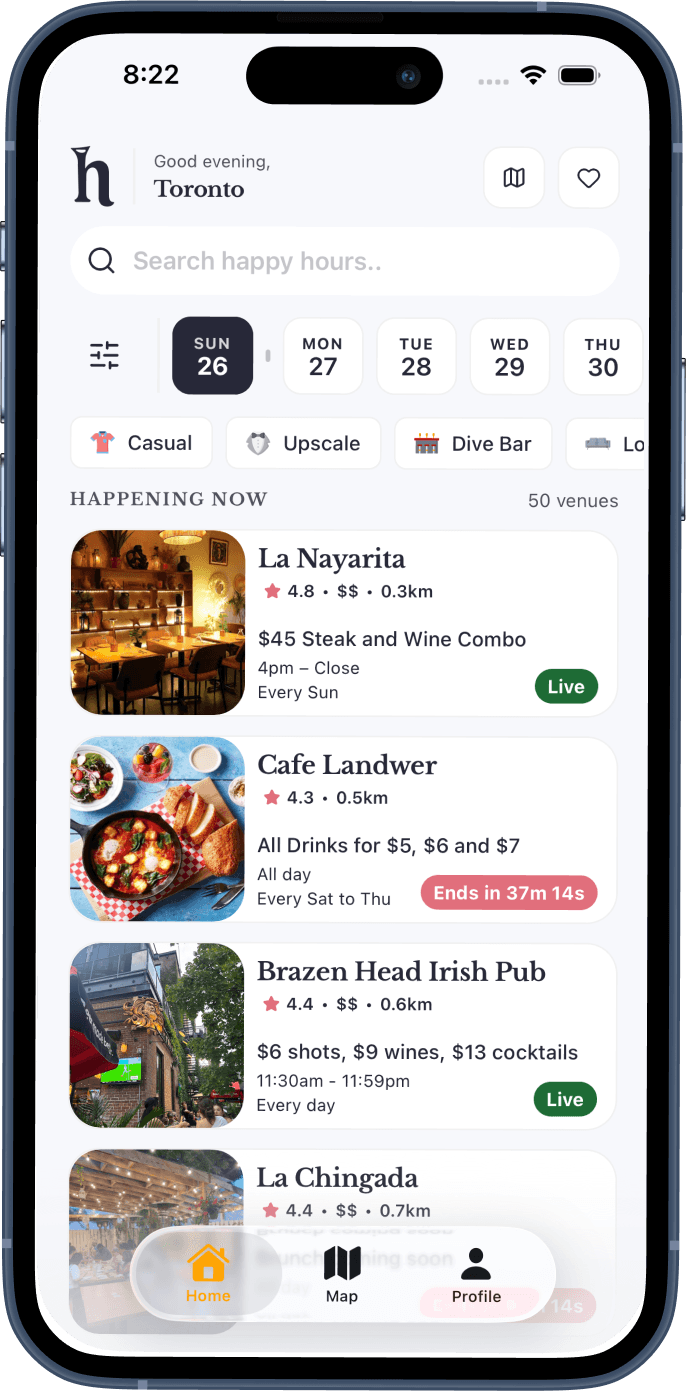 Hour app screenshot: map of Toronto showing happy hour venues and bar locations near you