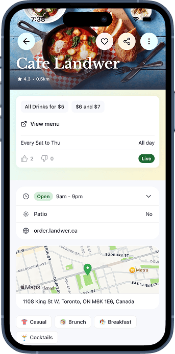Hour app screenshot: list of happy hour deals and drink specials at bars and restaurants