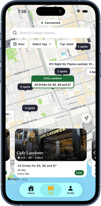 Hour app screenshot: venue details with happy hour times and drink specials